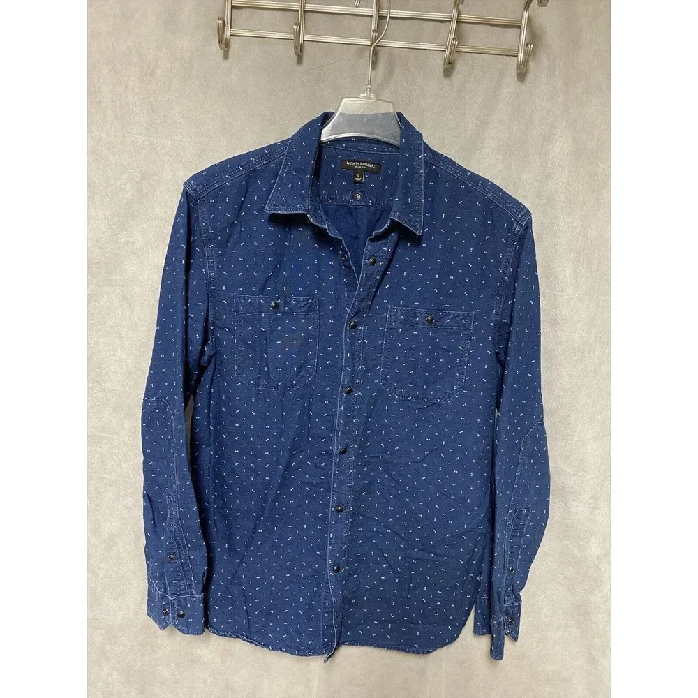 Banana Republic Men Shirt L Blue‎ AOP Slim Snap Button Up Casual Chambray Preppy